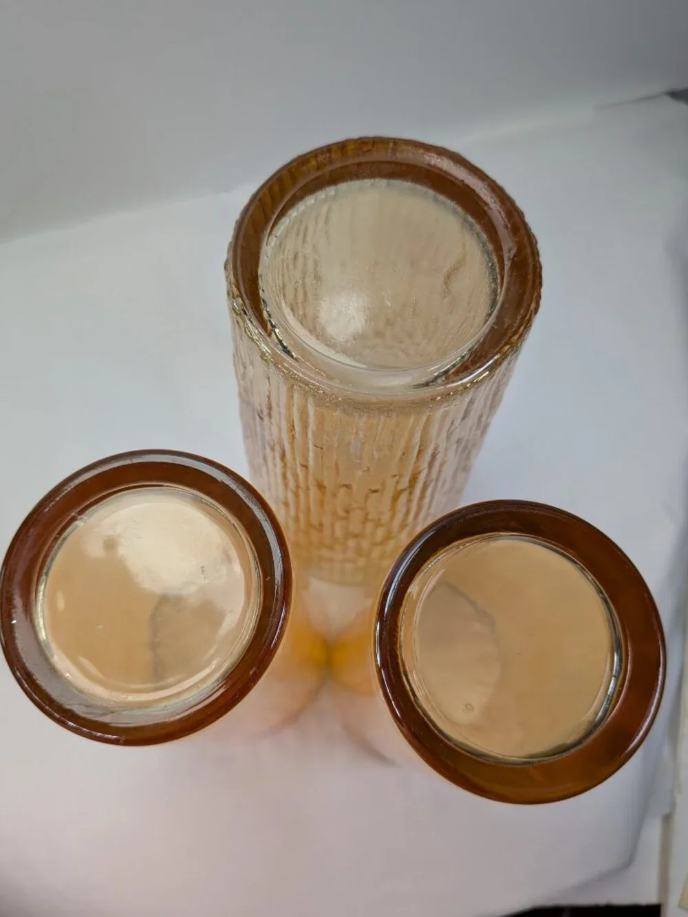 Vintage MCM Tan Marigold Iridescent Glass Tumbler Trio - 3 Pc Mixed Texture Set